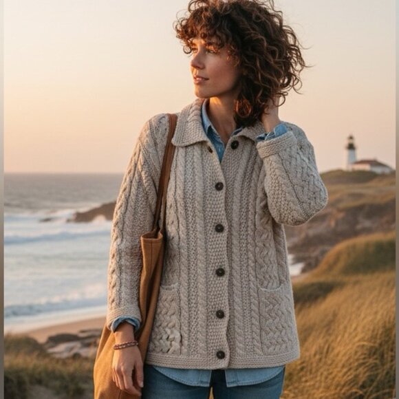 ARAN CRAFTS Ireland Wool Cable Knit Cardigan Sweater Knit Cozy Warm Tan Button L - Picture 1 of 16